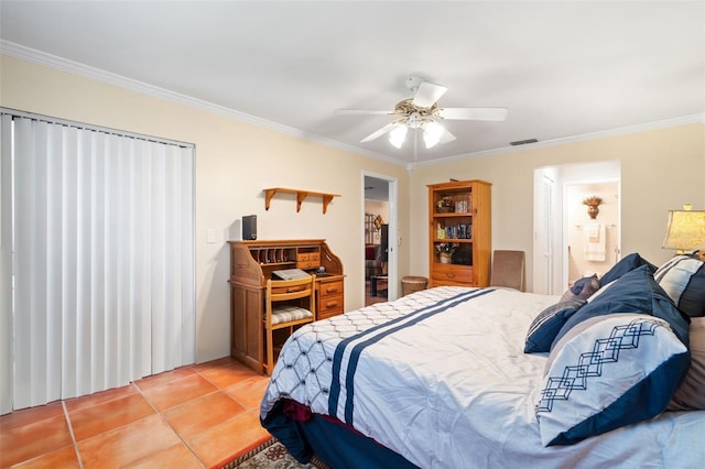 19029 US Highway 19 Unit 25D, Clearwater, FL 33764 - bedroom featuring crown molding, light tile patterned floors, a ceiling fan, and visible vents