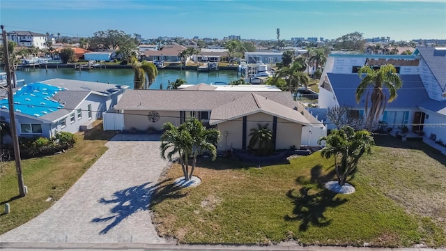 drone / aerial view featuring a water view