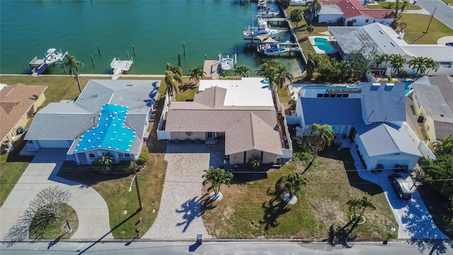 aerial view featuring a water view