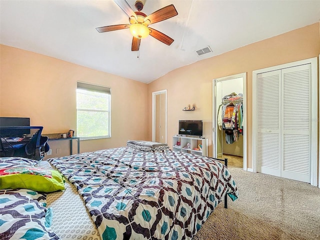 bedroom with carpet, ceiling fan, and lofted ceiling