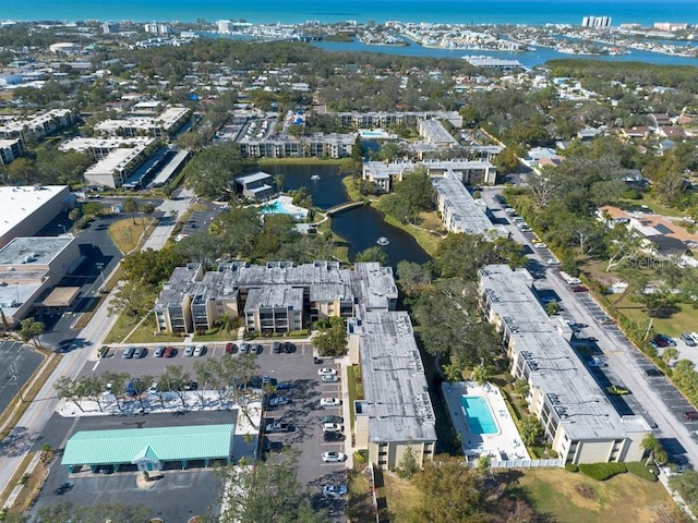 bird's eye view with a water view