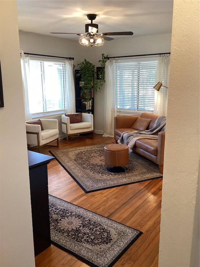 living room featuring ceiling fan and wood-type flooring