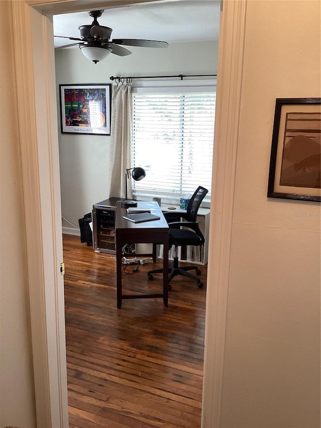 office space with ceiling fan and wood-type flooring