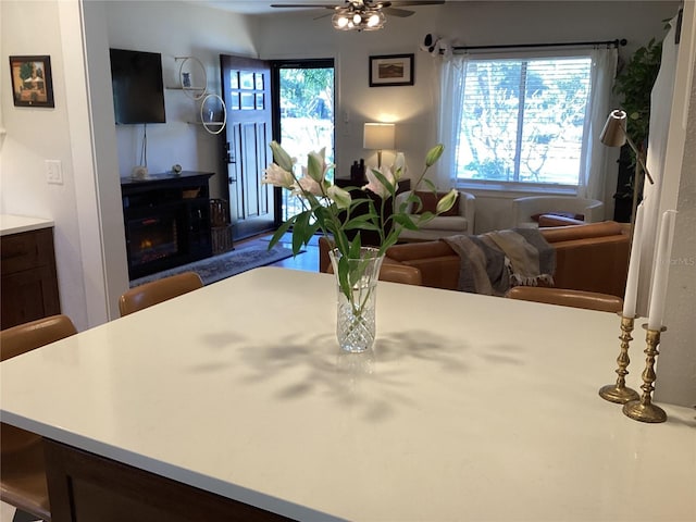 1529 Paloma Ln, Dunedin, FL 34698 - dining area with a ceiling fan and a fireplace