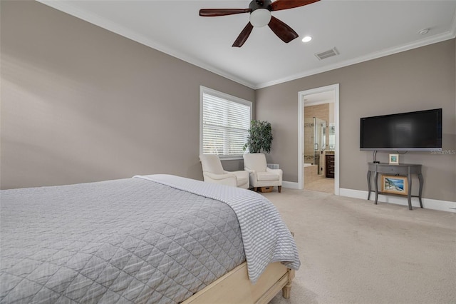 bedroom with light carpet, ensuite bath, ceiling fan, and ornamental molding