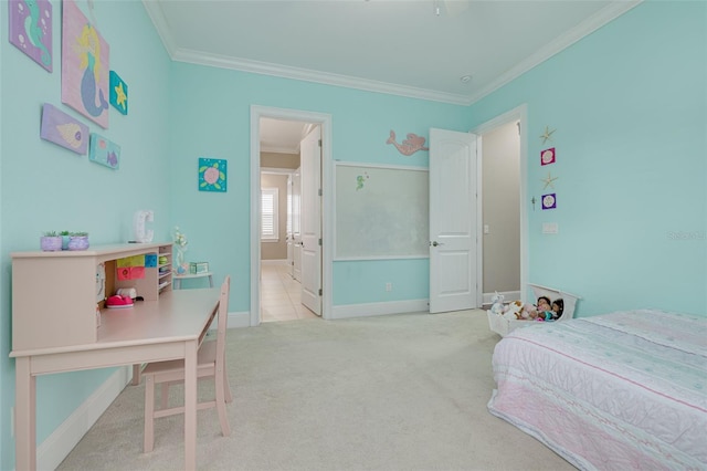 carpeted bedroom featuring ornamental molding