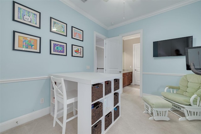 office with light carpet and crown molding