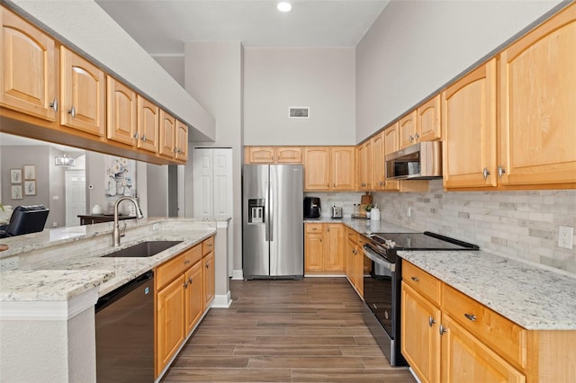 kitchen featuring dark hardwood / wood-style flooring, sink, appliances with stainless steel finishes, a high ceiling, and light stone countertops