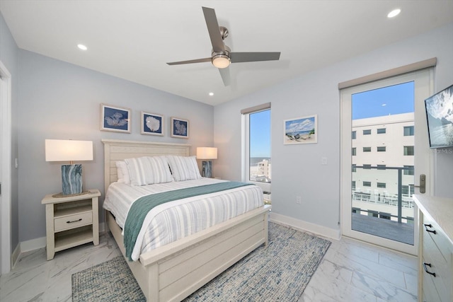 bedroom with access to exterior and ceiling fan