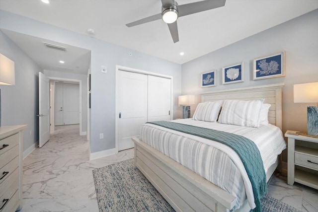 bedroom with ceiling fan and a closet