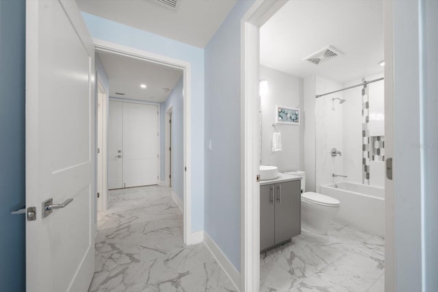 full bathroom with vanity, bathing tub / shower combination, and toilet