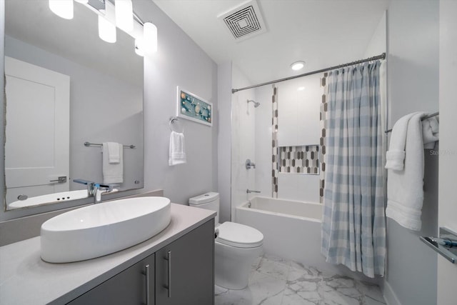 full bathroom with shower / bath combination with curtain, toilet, and vanity