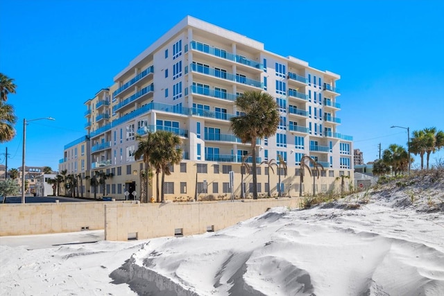 view of snow covered building