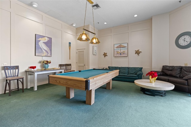 rec room with carpet and pool table