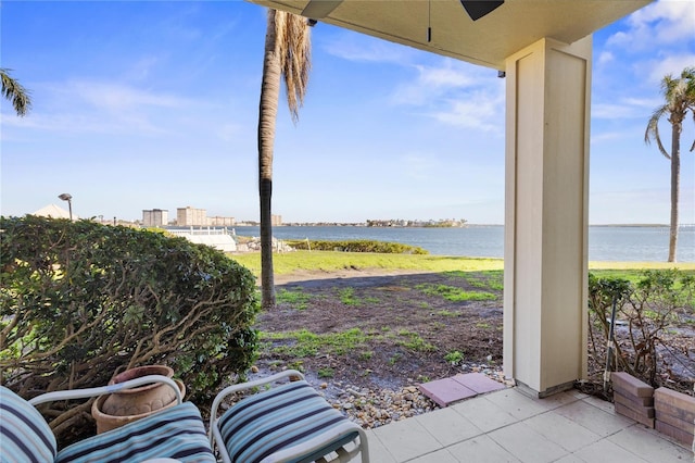 view of patio / terrace with a water view