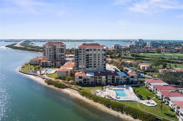 aerial view featuring a water view