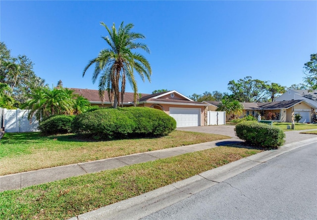 ranch-style home with a front lawn and a garage