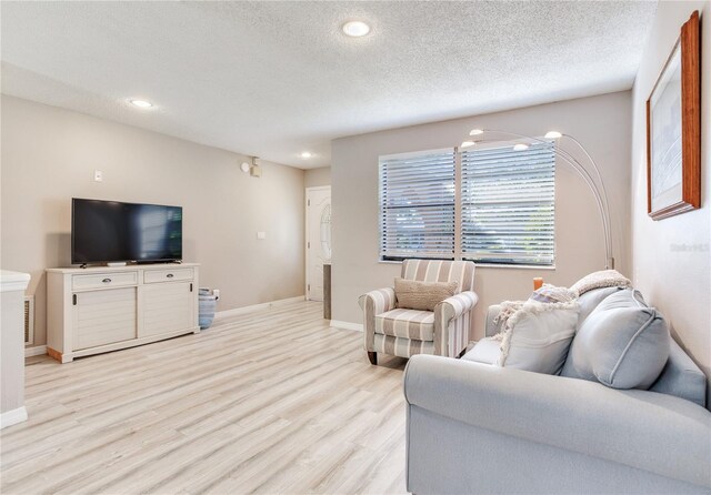 living room with a textured ceiling and light wood-type flooring