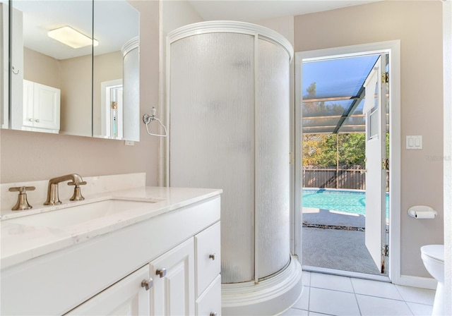 bathroom with tile patterned flooring, vanity, an enclosed shower, and toilet