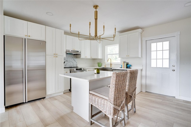 kitchen featuring tasteful backsplash, light hardwood / wood-style floors, pendant lighting, white cabinetry, and stainless steel appliances