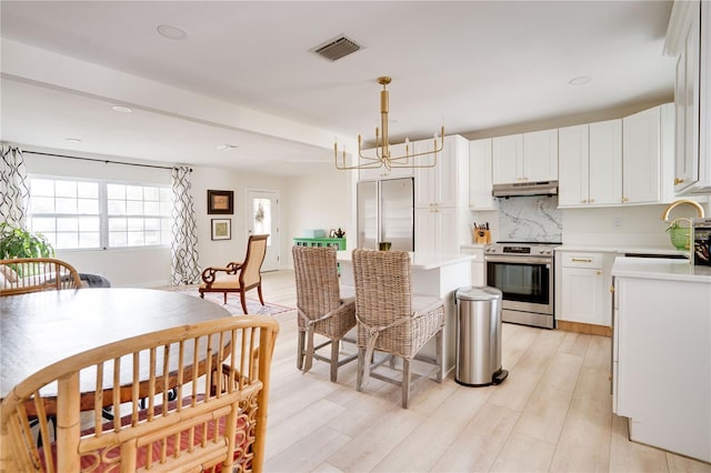 kitchen featuring sink, white cabinetry, hanging light fixtures, stainless steel appliances, and tasteful backsplash