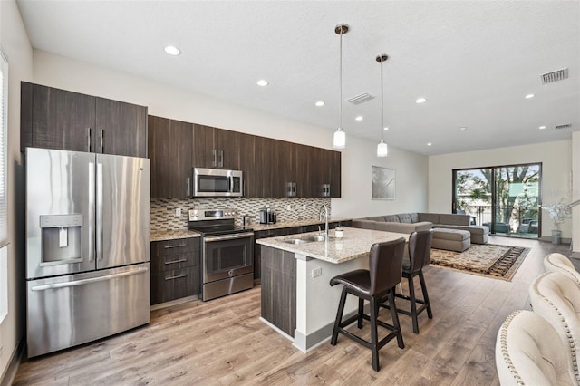 kitchen featuring a center island with sink, a kitchen breakfast bar, sink, appliances with stainless steel finishes, and decorative light fixtures