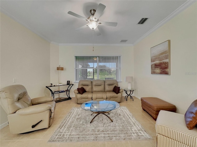 living room with ceiling fan, light tile patterned floors, and ornamental molding