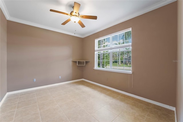 empty room featuring ceiling fan, ornamental molding, and light tile patterned floors