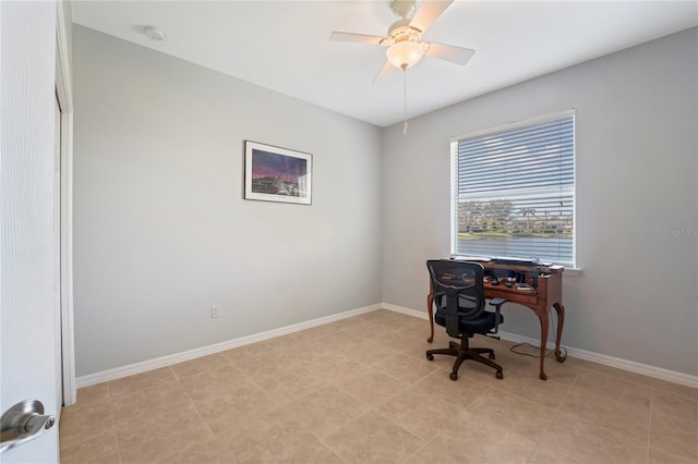 tiled office with ceiling fan