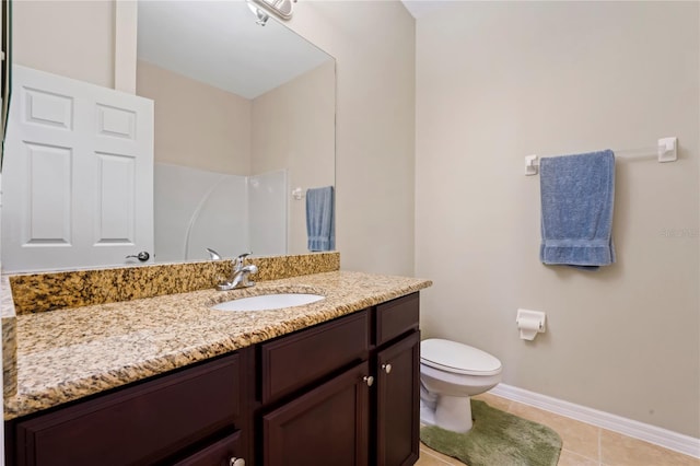 bathroom featuring tile patterned floors, toilet, a shower, and vanity