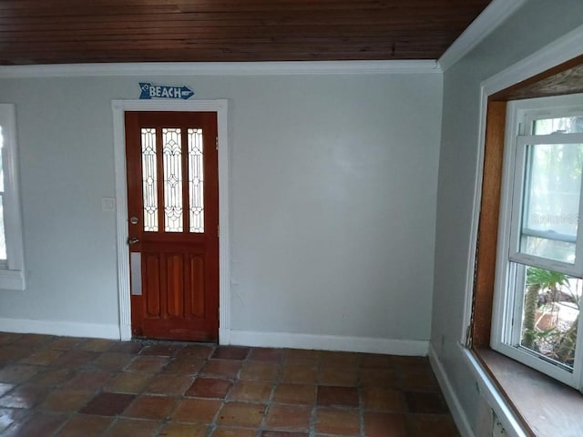 entryway with wood ceiling and ornamental molding