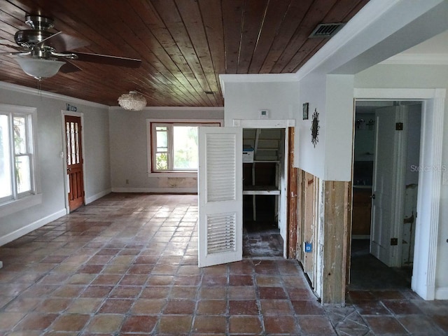 unfurnished room featuring ceiling fan, wooden ceiling, and crown molding