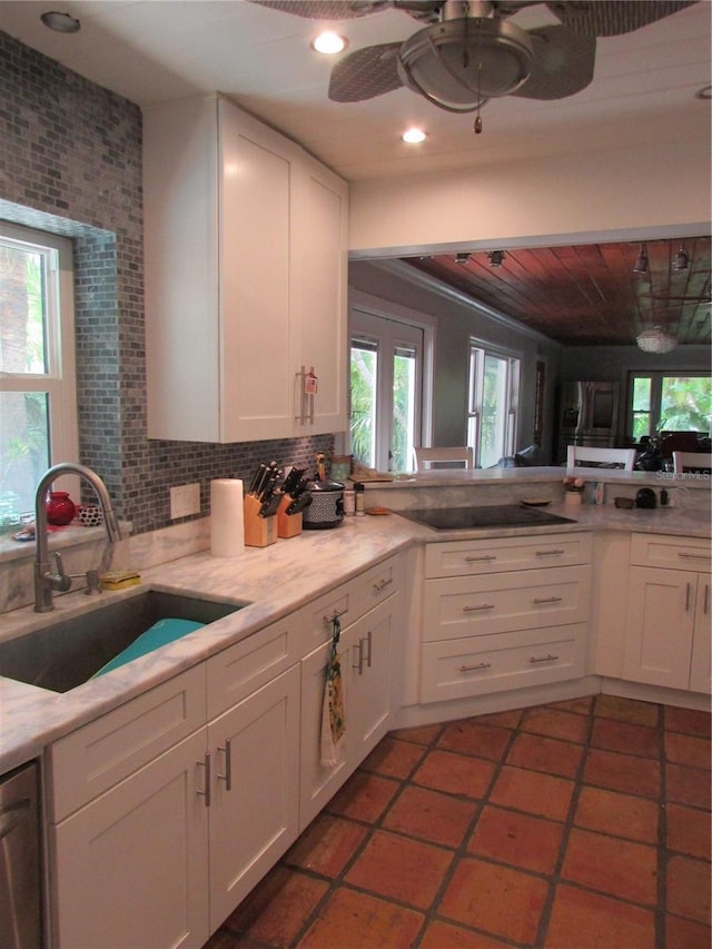 kitchen with tasteful backsplash, white cabinetry, sink, and stainless steel dishwasher