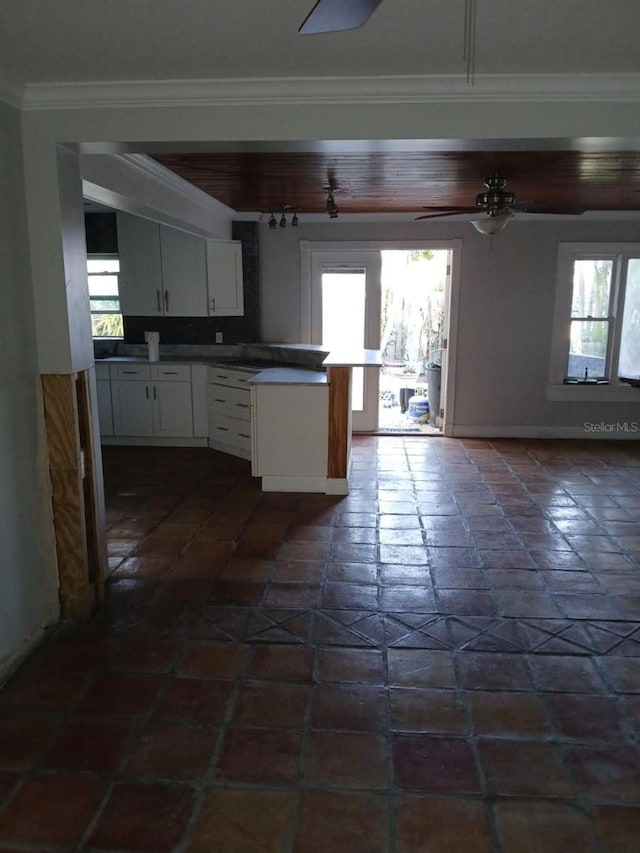 kitchen featuring ceiling fan, crown molding, white cabinets, and a healthy amount of sunlight