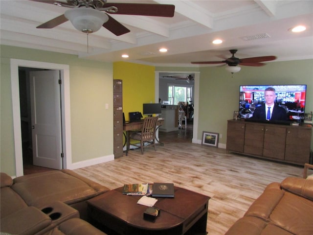 living room with light hardwood / wood-style floors, crown molding, and beam ceiling