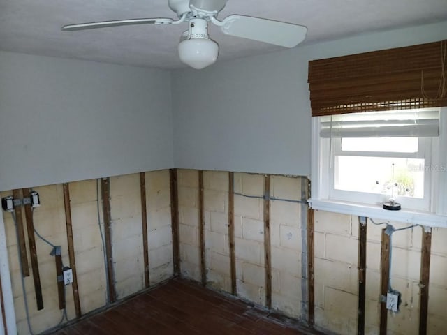 interior space featuring ceiling fan and dark hardwood / wood-style floors