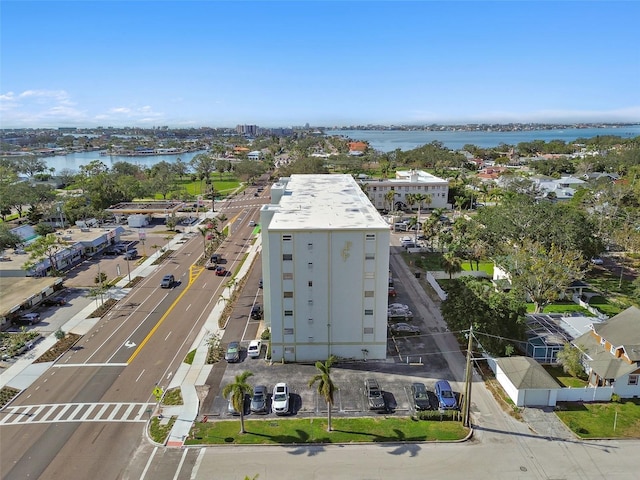 drone / aerial view with a water view