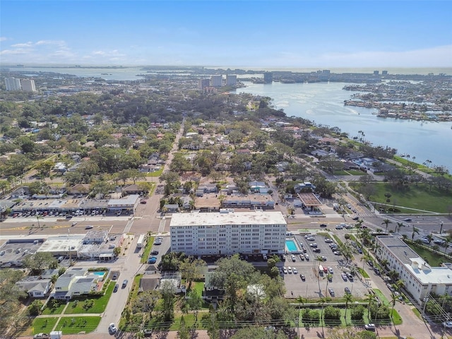 drone / aerial view with a water view