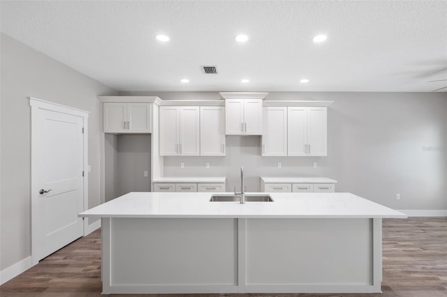 kitchen featuring a textured ceiling, sink, a center island with sink, and white cabinets