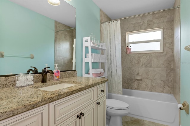 bathroom with shower / bathtub combination with curtain, toilet, vanity, and tile patterned flooring