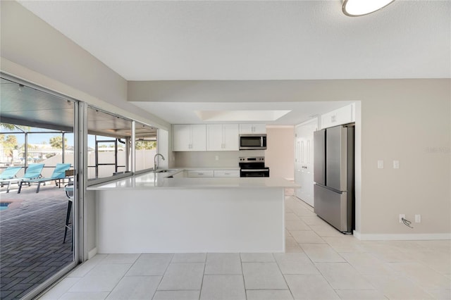 kitchen with stainless steel appliances, sink, white cabinetry, light tile patterned flooring, and kitchen peninsula