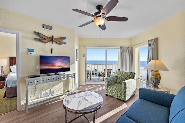 living room with hardwood / wood-style floors and ceiling fan