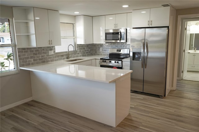 kitchen featuring kitchen peninsula, appliances with stainless steel finishes, sink, light hardwood / wood-style flooring, and white cabinetry