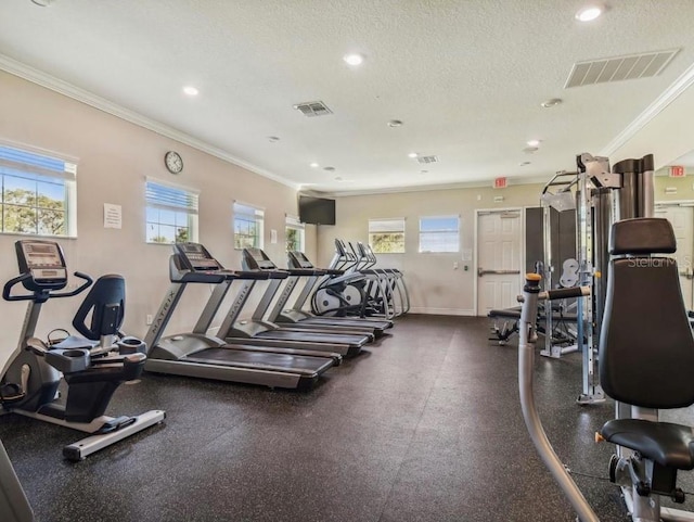 exercise room with a healthy amount of sunlight, crown molding, and a textured ceiling