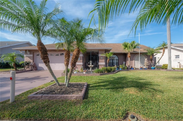 ranch-style house featuring a front yard and a garage