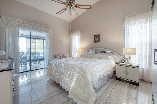 bedroom with access to exterior, ceiling fan, and high vaulted ceiling