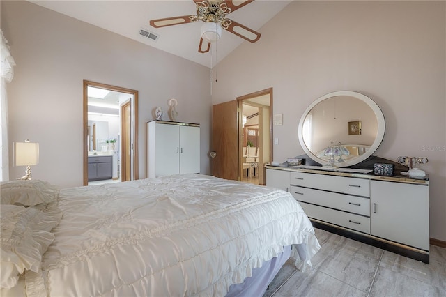 bedroom featuring connected bathroom, ceiling fan, and high vaulted ceiling