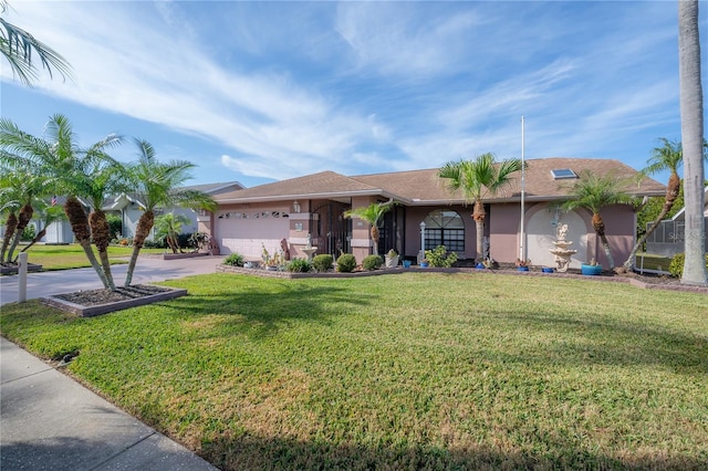 ranch-style house with a garage and a front yard