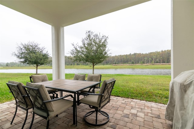 view of patio featuring a water view