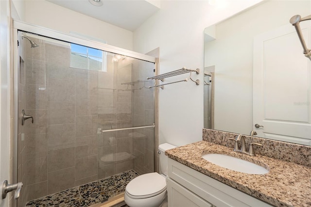 bathroom with vanity, an enclosed shower, and toilet